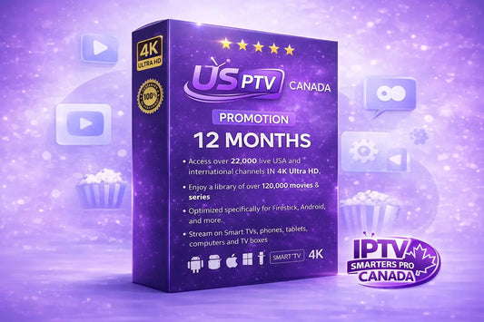 IPTV Smarters Pro Canada 12 month subscription with 4K live TV channels and on demand content
