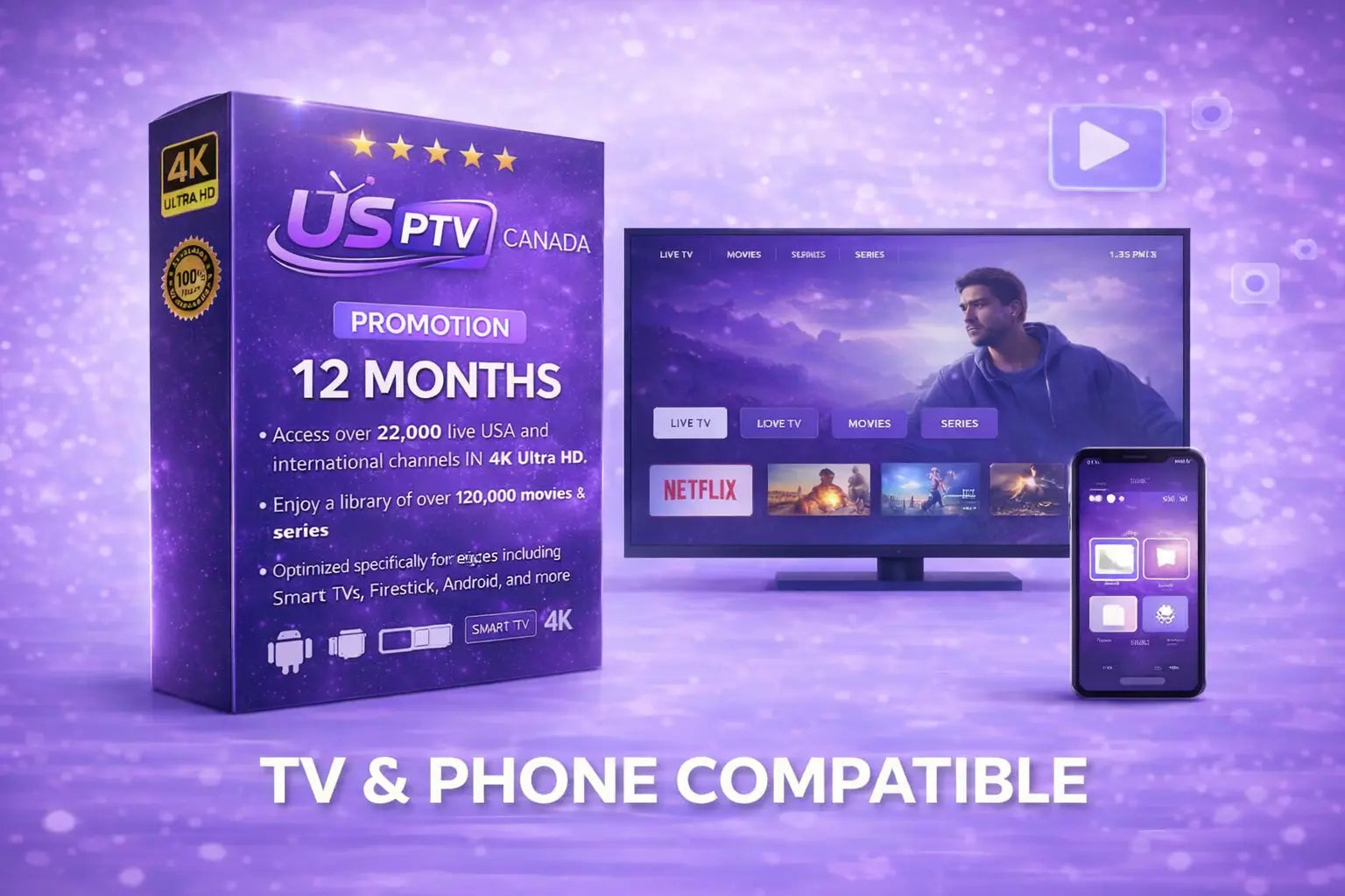 IPTV Smarters Pro Canada 12 month IPTV subscription compatible with TV and mobile phone
