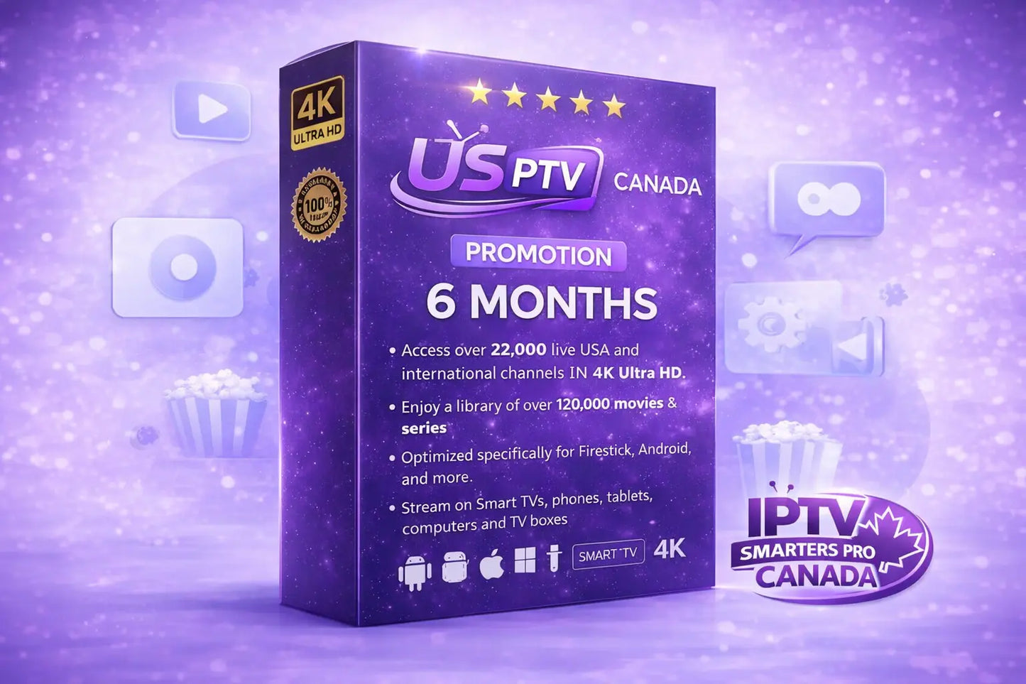 IPTV Smarters Pro Canada 6 month IPTV subscription offering 4K live TV and streaming services
