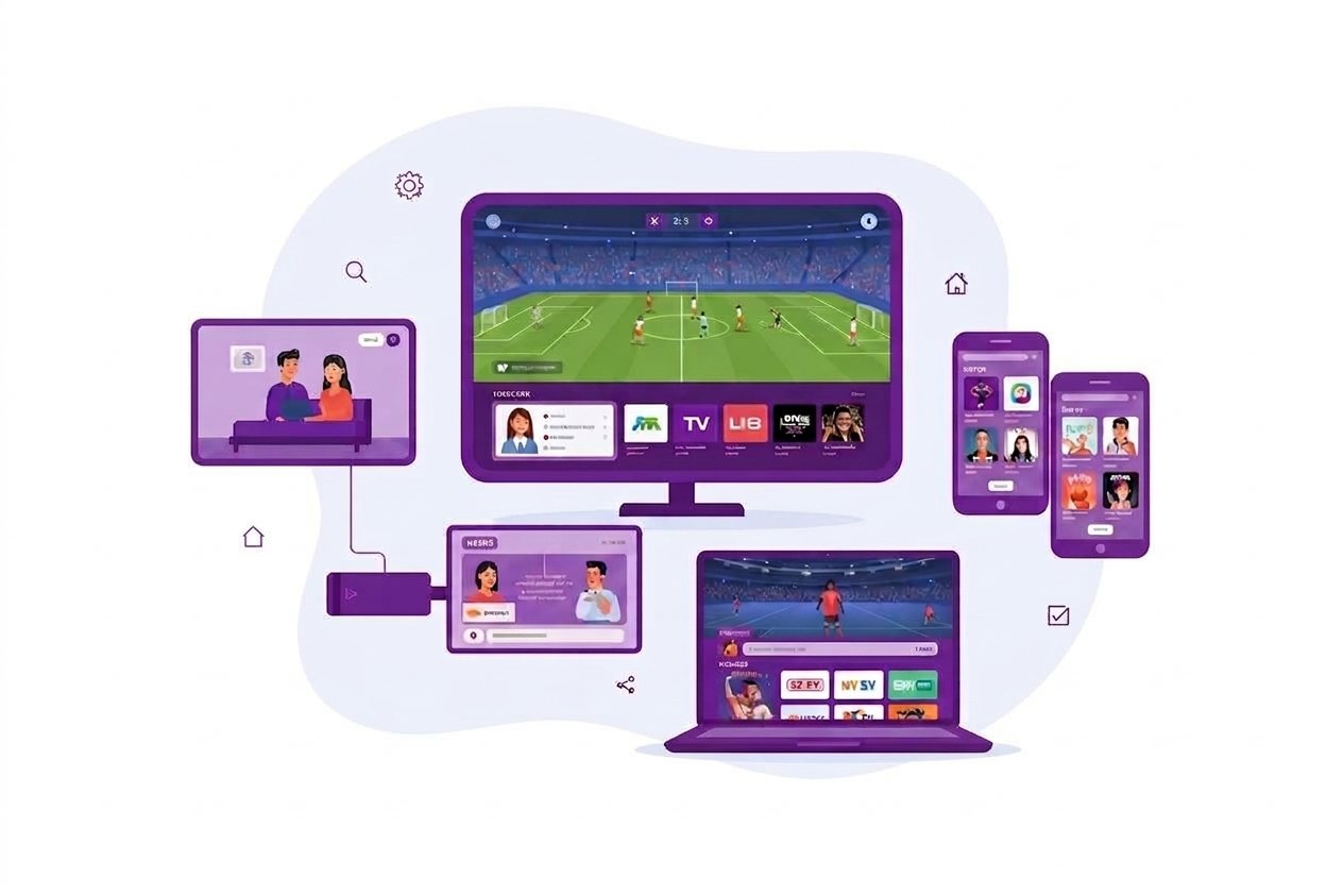 IPTV Smarters Pro on a Smart TV, laptop, tablet and phones with one login